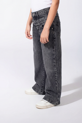 Girl’s Double Waistband Acid Wash Denim Dual Button Fastening Wide Leg Jeans Pants
