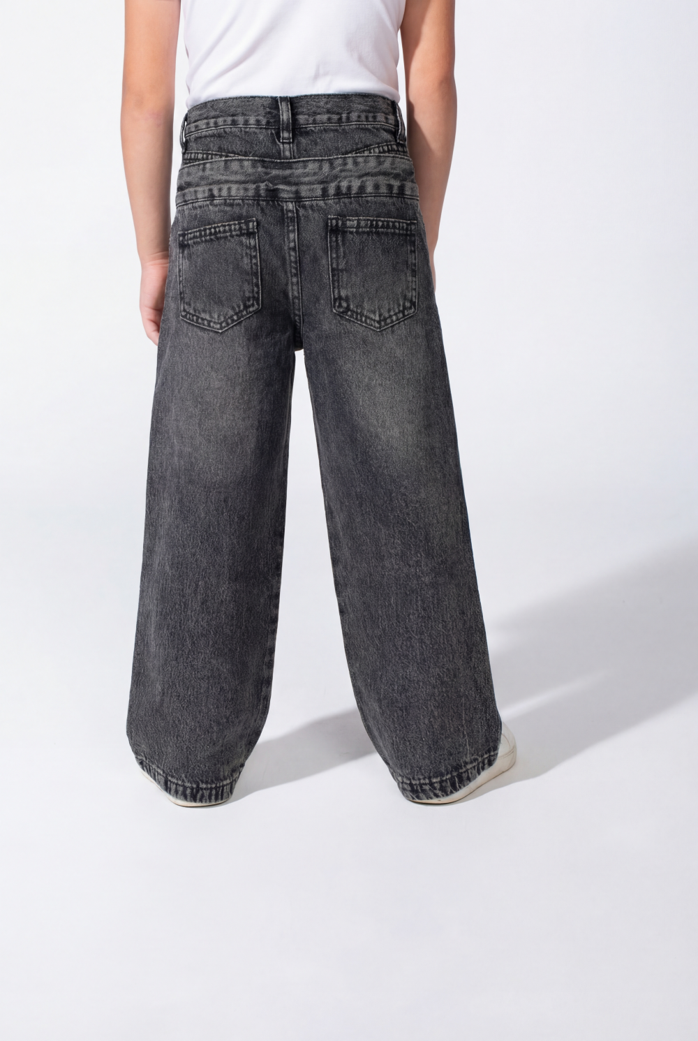 Girl’s Double Waistband Acid Wash Denim Dual Button Fastening Wide Leg Jeans Pants