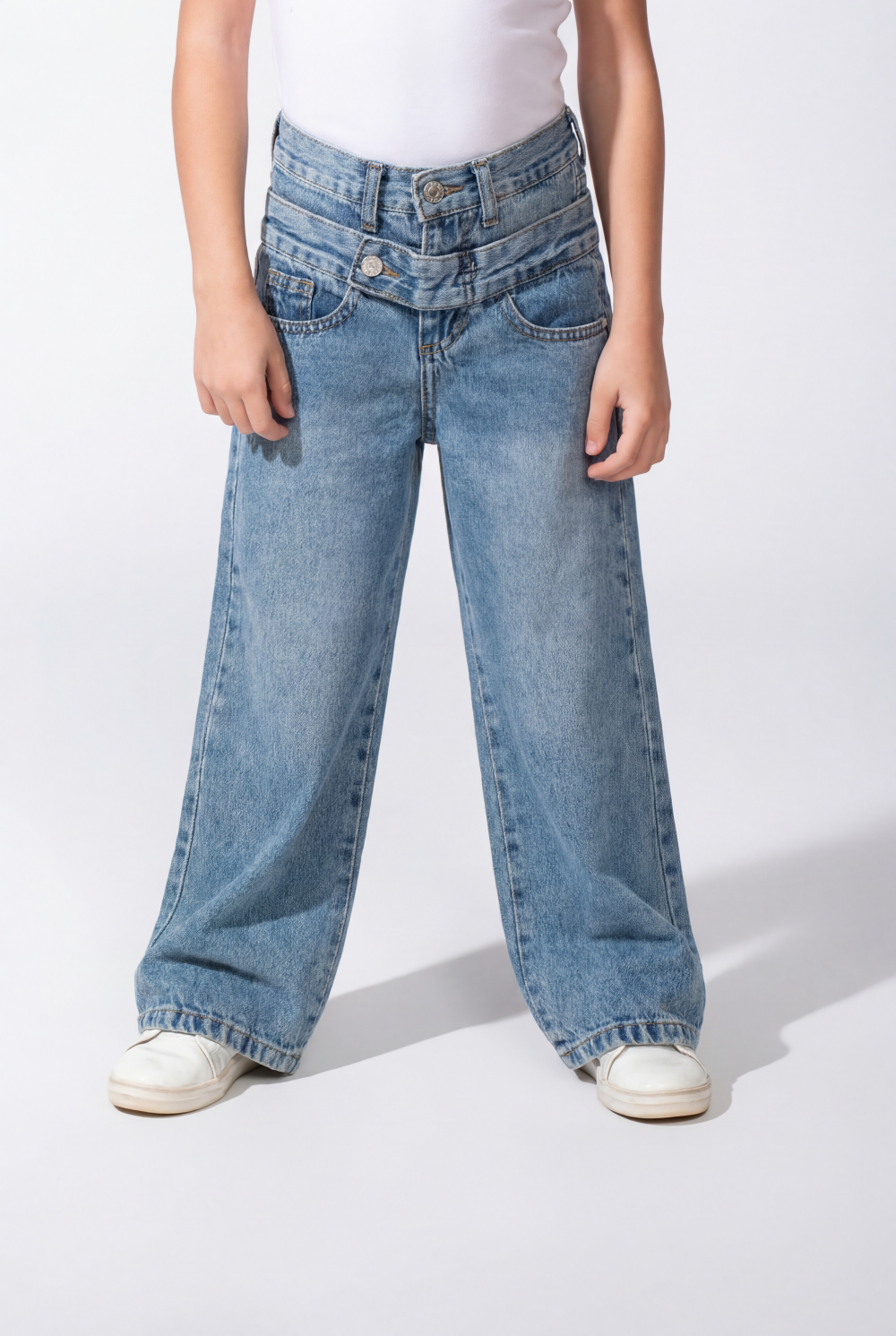 Girl’s Double Waistband Acid Wash Denim Dual Button Fastening Wide Leg Jeans Pants