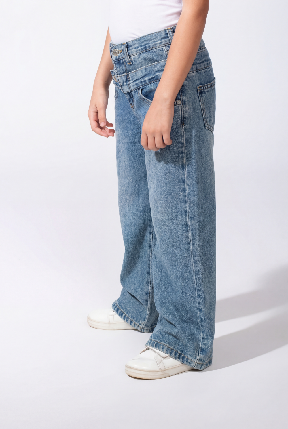 Girl’s Double Waistband Acid Wash Denim Dual Button Fastening Wide Leg Jeans Pants