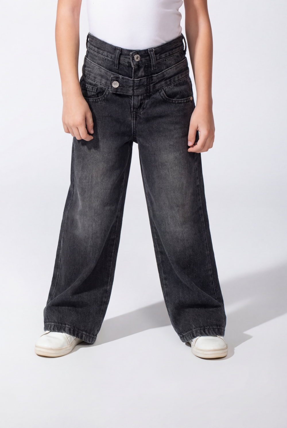Girl’s Double Waistband Acid Wash Denim Dual Button Fastening Wide Leg Jeans Pants