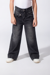 Girl’s Double Waistband Acid Wash Denim Dual Button Fastening Wide Leg Jeans Pants