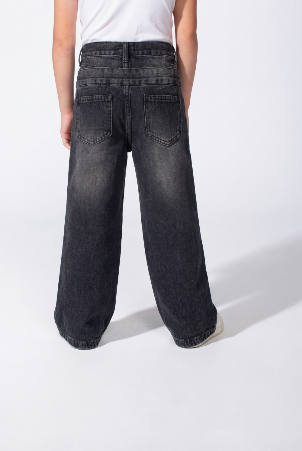 Girl’s Double Waistband Acid Wash Denim Dual Button Fastening Wide Leg Jeans Pants