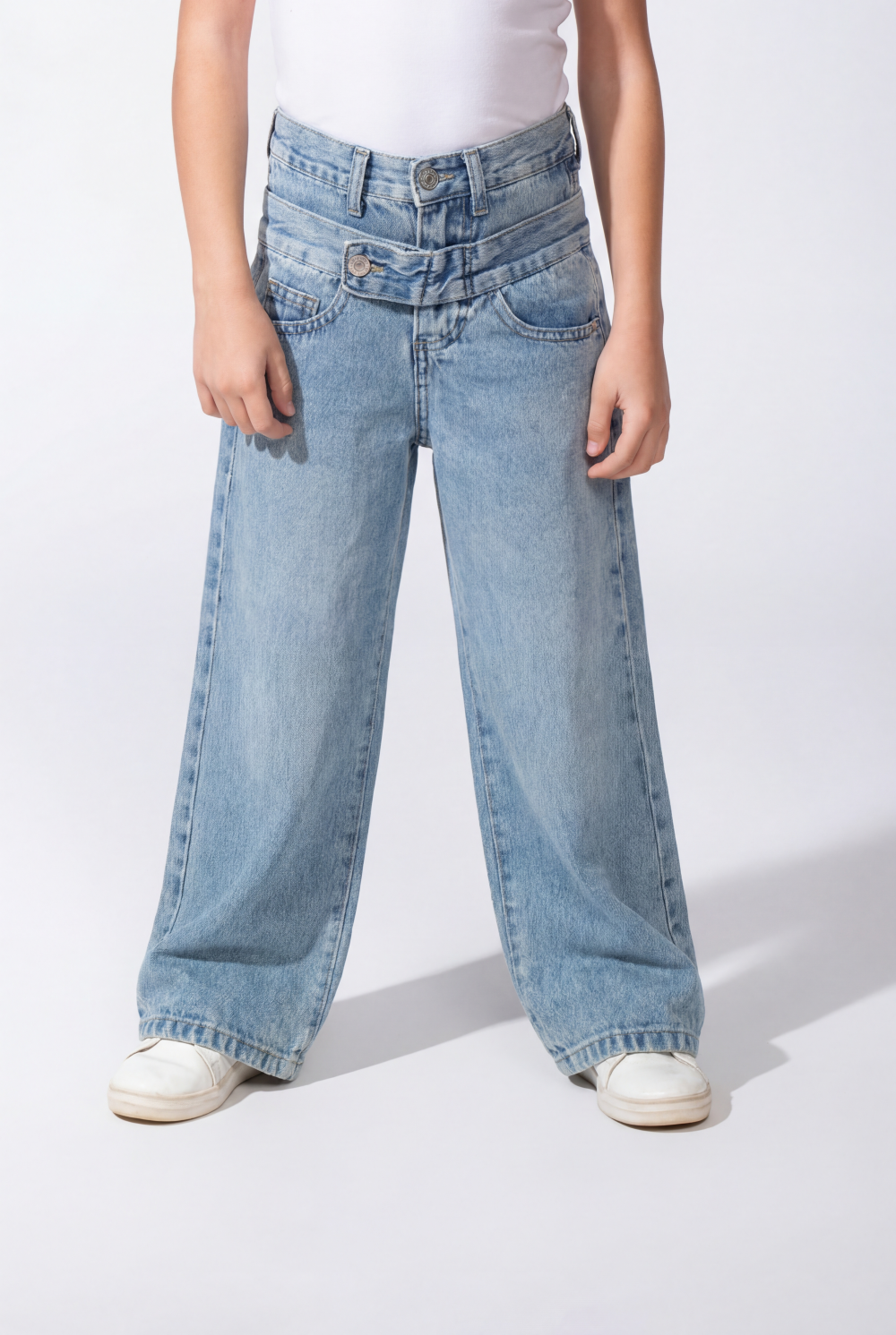 Girl’s Double Waistband Acid Wash Denim Dual Button Fastening Wide Leg Jeans Pants