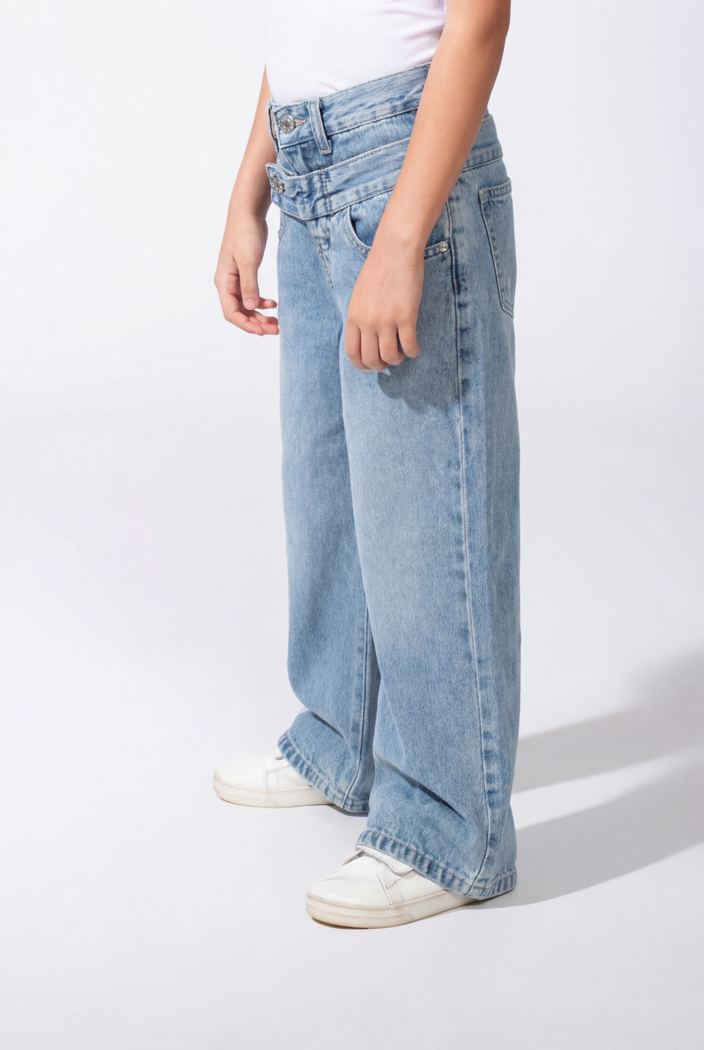 Girl’s Double Waistband Acid Wash Denim Dual Button Fastening Wide Leg Jeans Pants