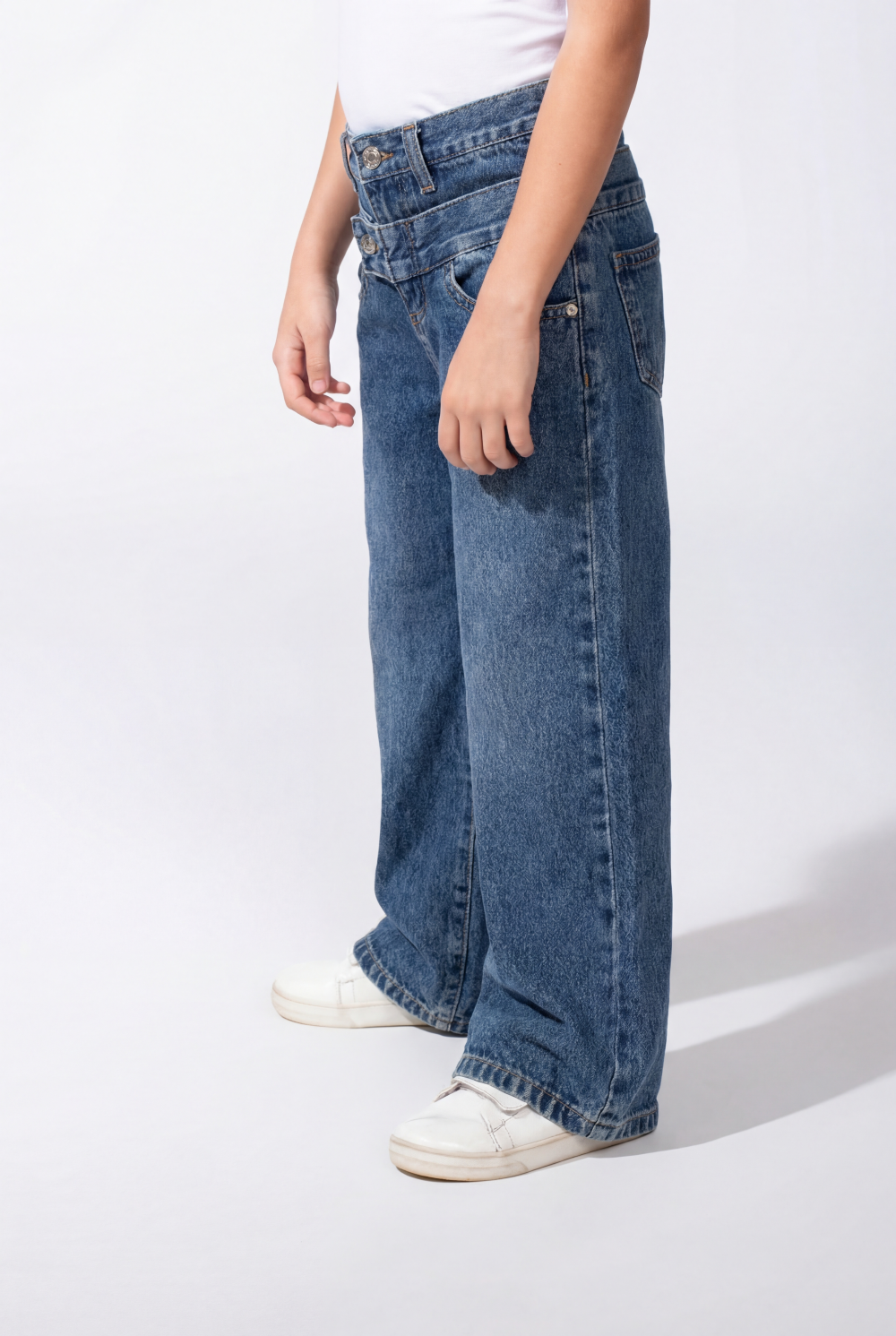 Girl’s Double Waistband Acid Wash Denim Dual Button Fastening Wide Leg Jeans Pants