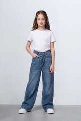 Girl's Tomato Store Bagy Denim Pants Double Button Detail Side Slit Hem Washed Finish