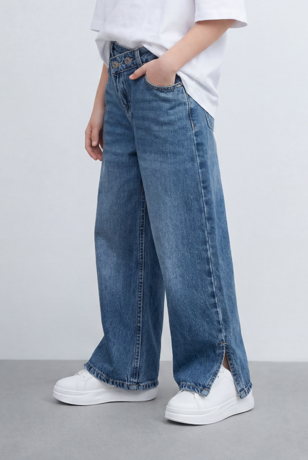 Girl's Tomato Store Bagy Denim Pants Double Button Detail Side Slit Hem Washed Finish