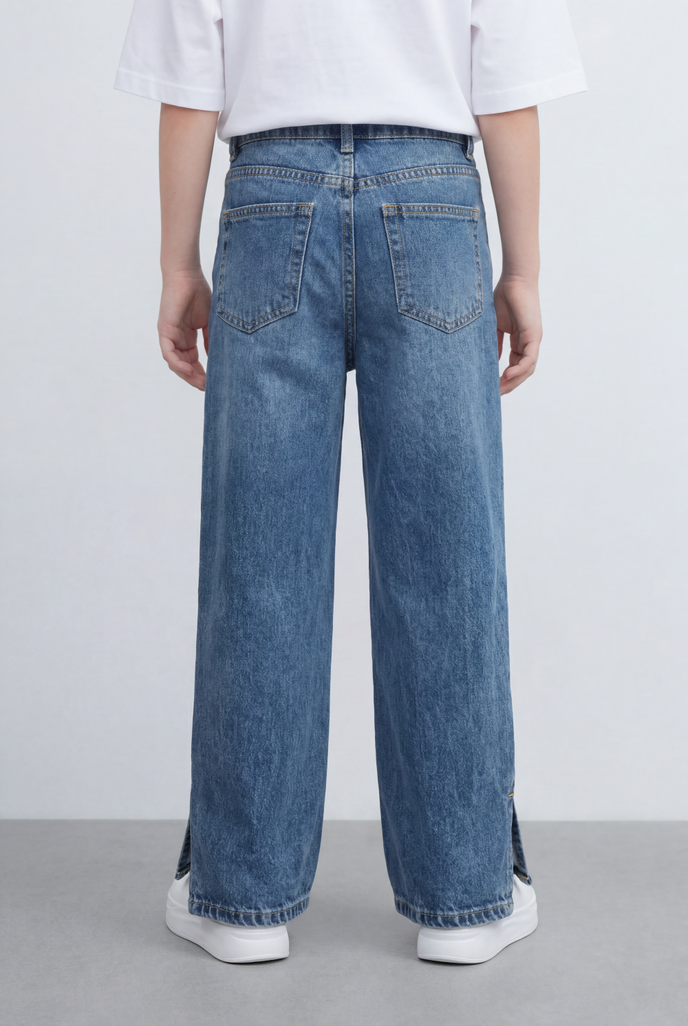 Girl's Tomato Store Bagy Denim Pants Double Button Detail Side Slit Hem Washed Finish