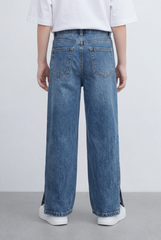 Girl's Tomato Store Bagy Denim Pants Double Button Detail Side Slit Hem Washed Finish
