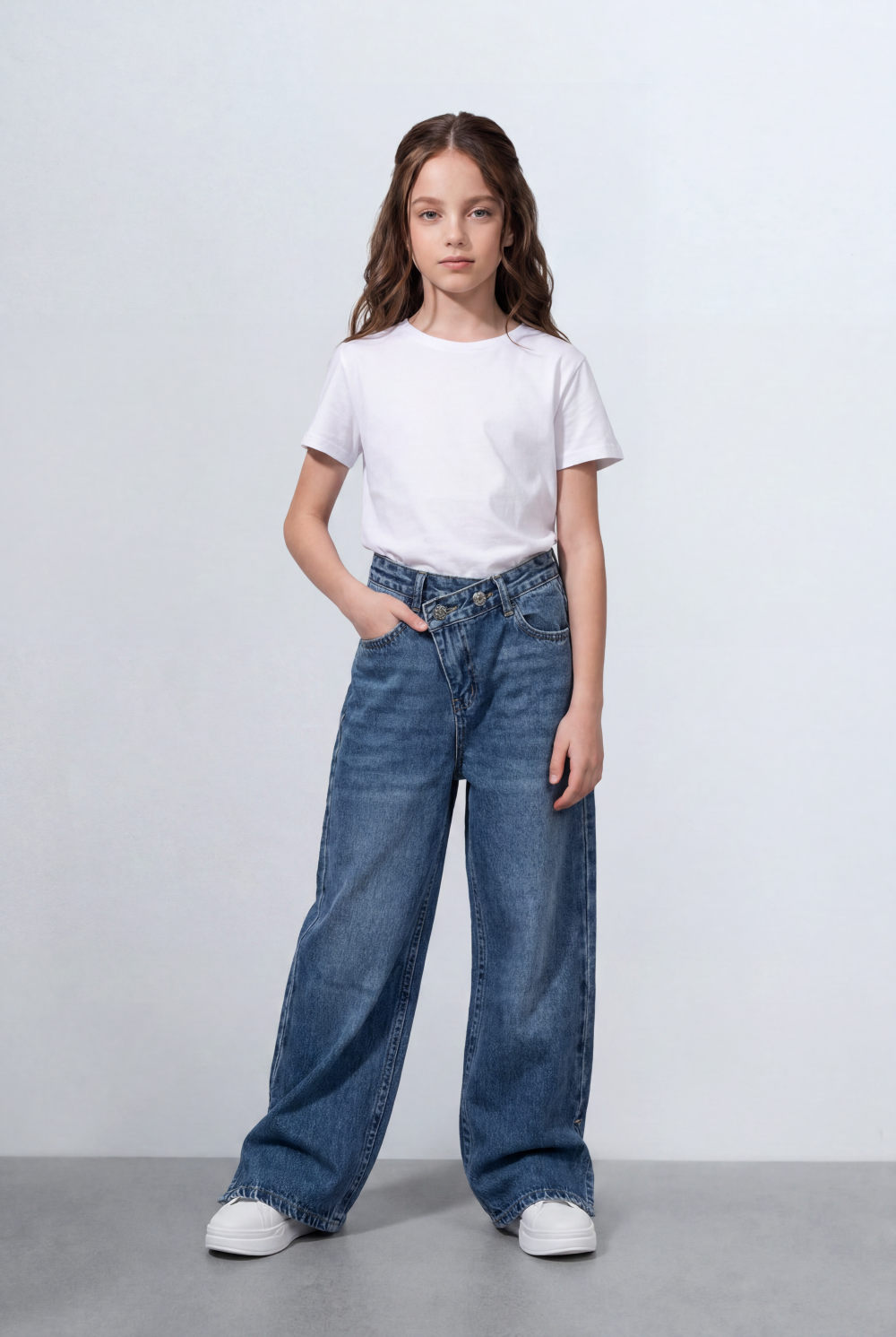 Girl's Tomato Store Bagy Denim Pants Double Button Detail Side Slit Hem Washed Finish