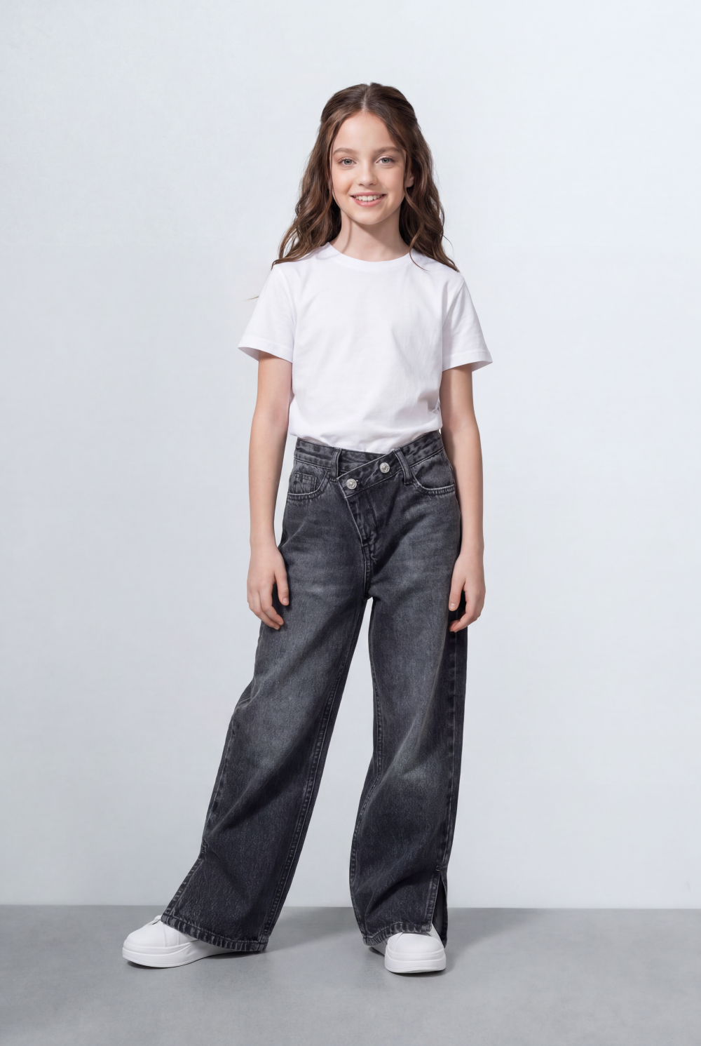 Girl's Tomato Store Bagy Denim Pants Double Button Detail Side Slit Hem Washed Finish