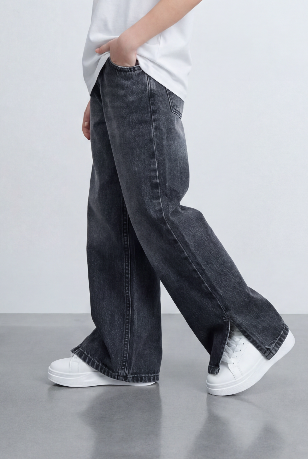 Girl's Tomato Store Bagy Denim Pants Double Button Detail Side Slit Hem Washed Finish