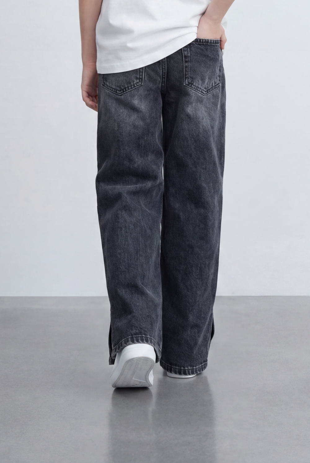 Girl's Tomato Store Bagy Denim Pants Double Button Detail Side Slit Hem Washed Finish