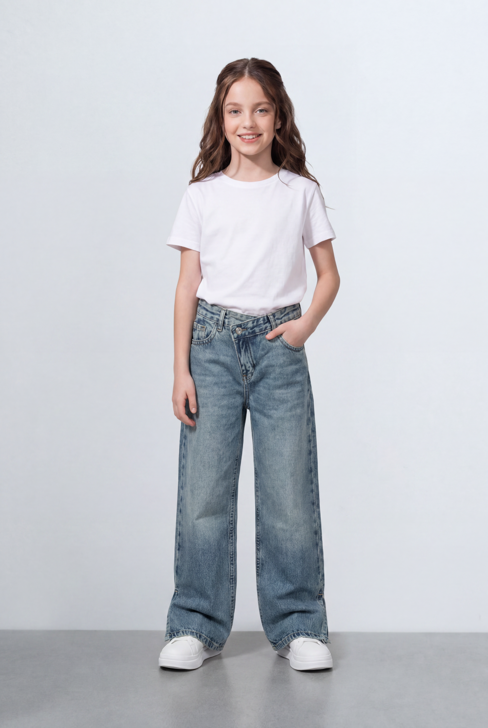 Girl's Tomato Store Bagy Denim Pants Double Button Detail Side Slit Hem Washed Finish