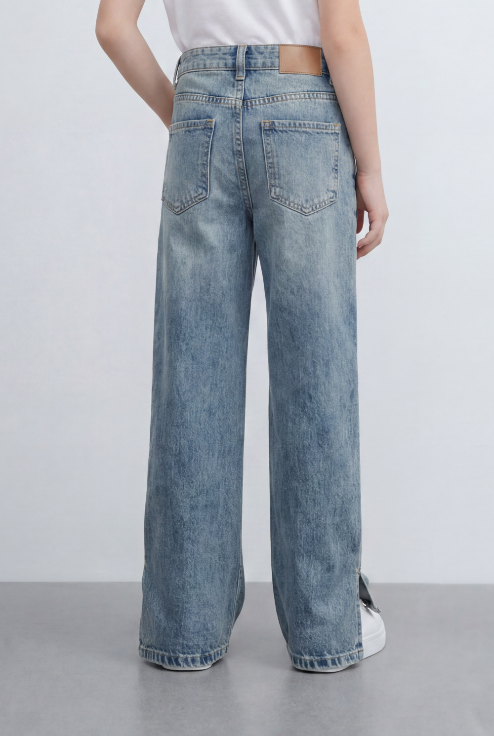 Girl's Tomato Store Bagy Denim Pants Double Button Detail Side Slit Hem Washed Finish