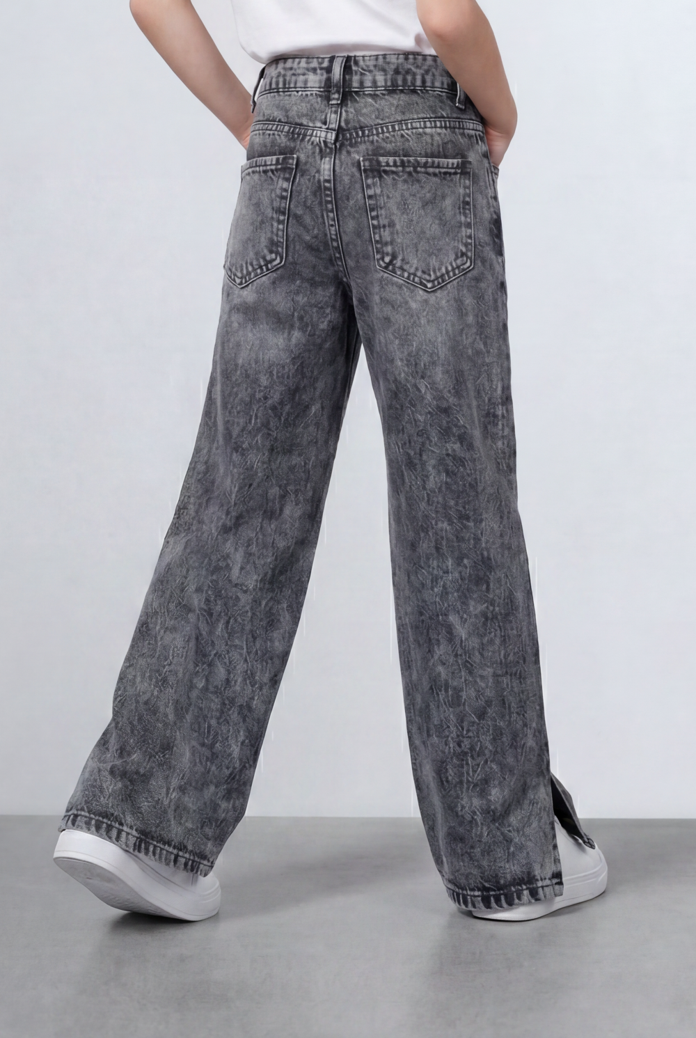 Girl's Tomato Store Bagy Denim Pants Double Button Detail Side Slit Hem Washed Finish