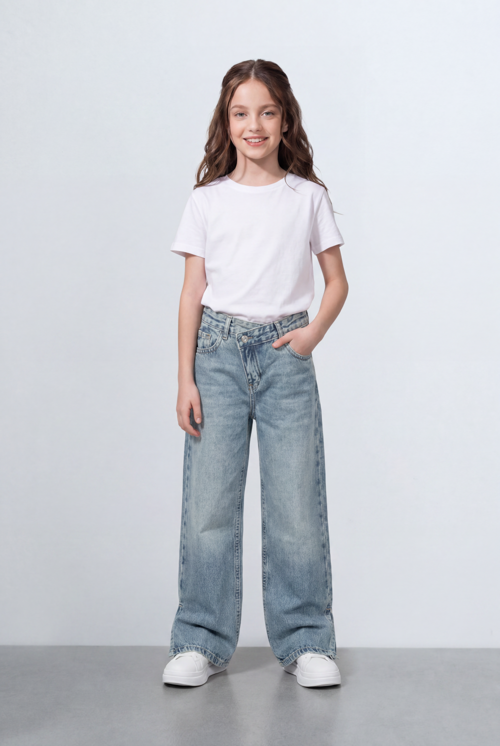 Girl's Tomato Store Bagy Denim Pants Double Button Detail Side Slit Hem Washed Finish
