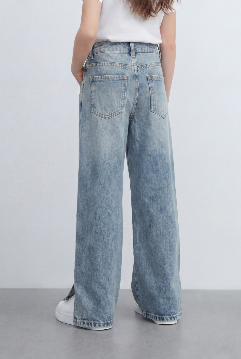 Girl's Tomato Store Bagy Denim Pants Double Button Detail Side Slit Hem Washed Finish