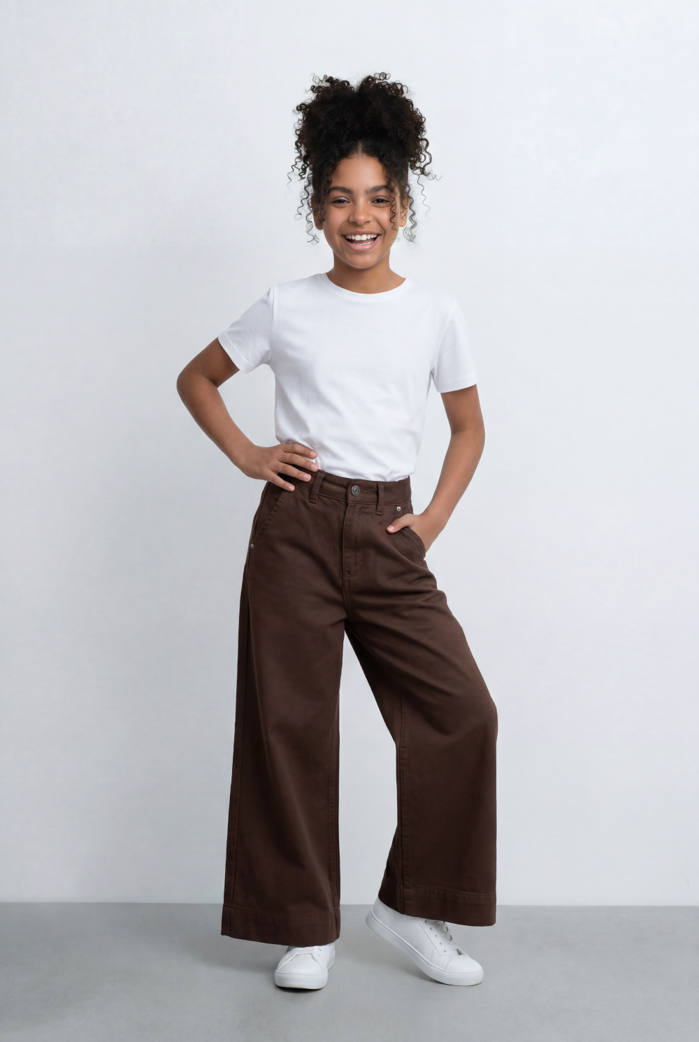 Girl's Tomato Store Wide Leg Pants Twill Pants High Rise Waist Front Pleat Detail