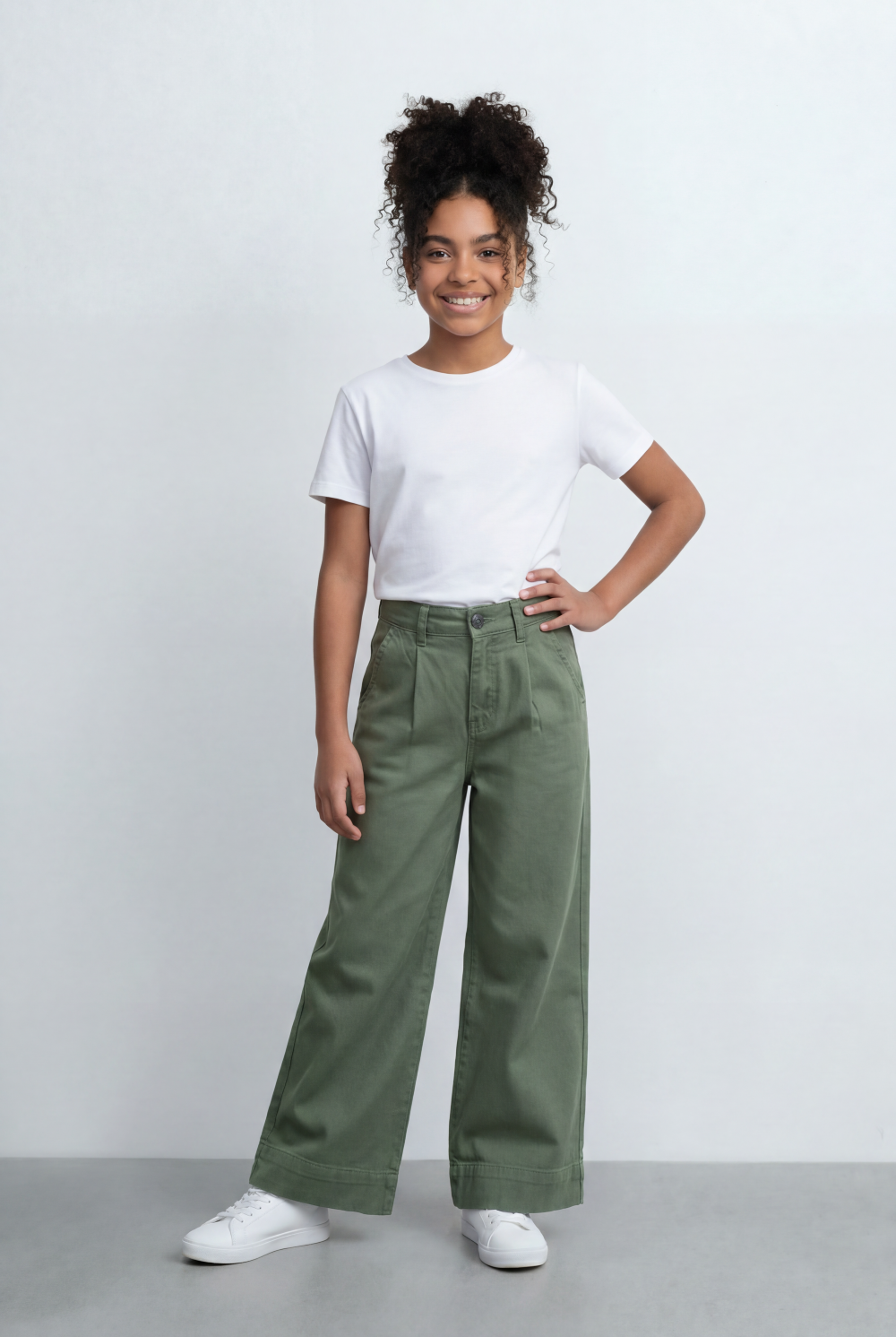 Girl's Tomato Store Wide Leg Pants Twill Pants High Rise Waist Front Pleat Detail