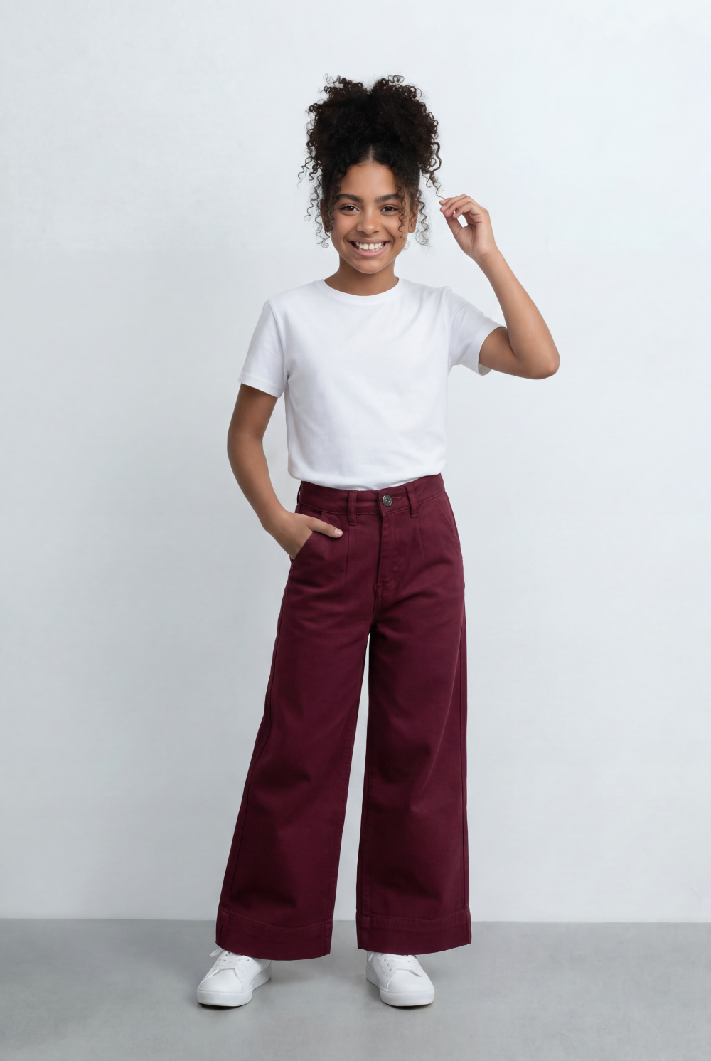 Girl's Tomato Store Wide Leg Pants Twill Pants High Rise Waist Front Pleat Detail