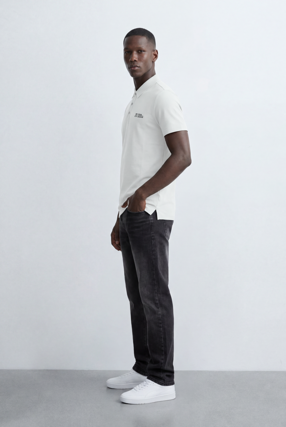 Men’s Tomato Store Minimal Logo Polo Subtle Chest Branding Clean Three Button Placket T-Shirt