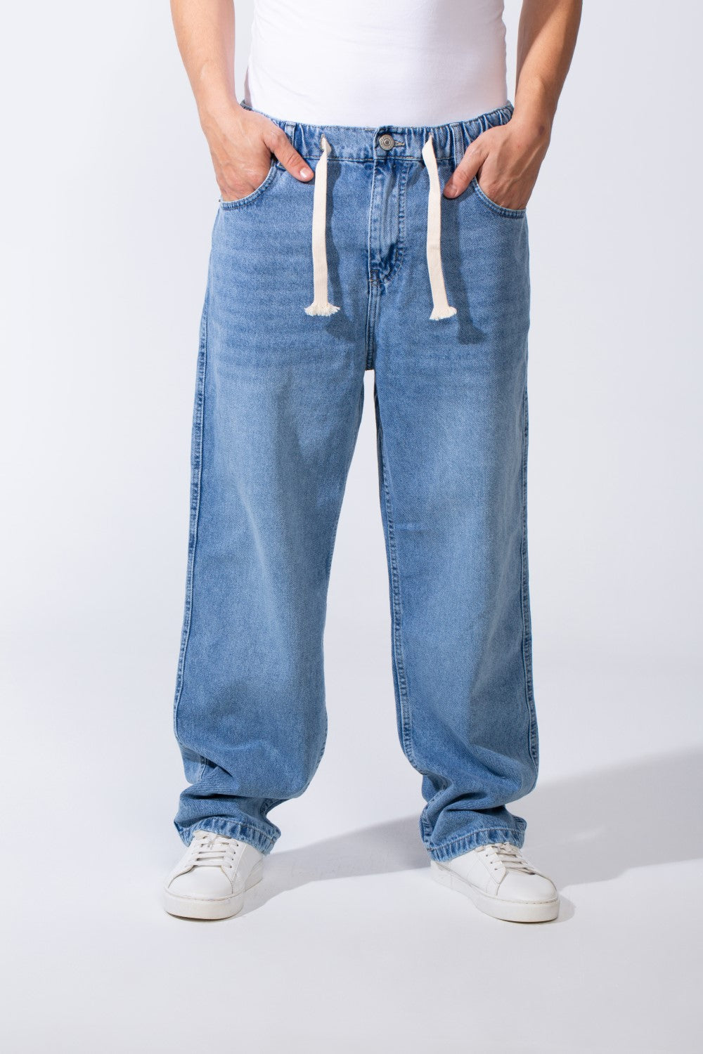 Men's Classic Jeans With Elasticated Waistband Drawstrings For Custom Comfy Fit Wide Leg Pants
