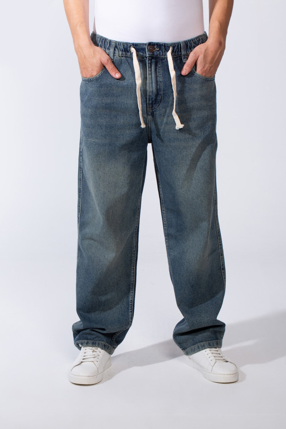 Men's Classic Jeans With Elasticated Waistband Drawstrings For Custom Comfy Fit Wide Leg Pants