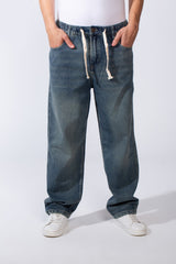 Men's Classic Jeans With Elasticated Waistband Drawstrings For Custom Comfy Fit Wide Leg Pants