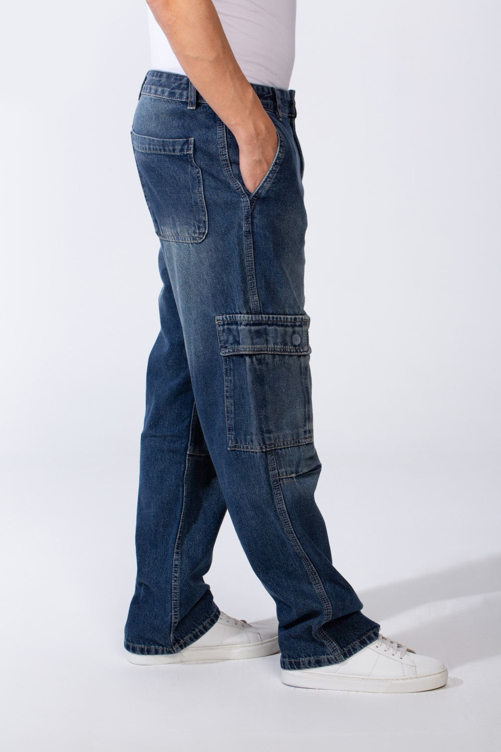Men's Classic Jeans Denim With Side Pockets Flap Closures Cargo Fit Casual Pants