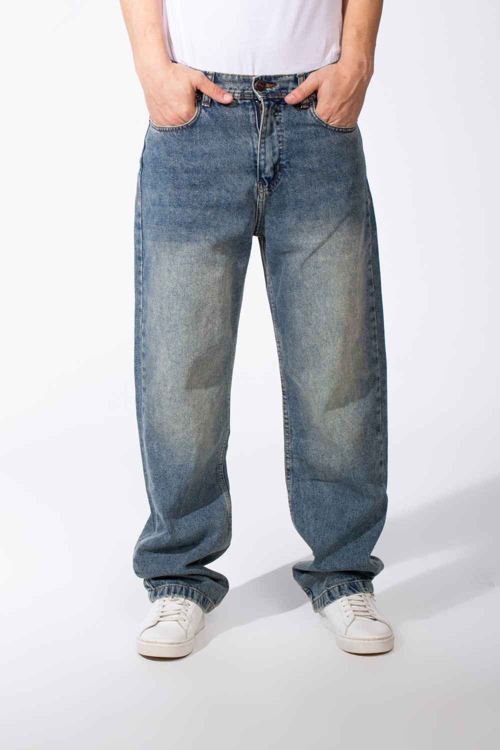 Men's Mid-Wash Cotton Classic Five-Pocket Secure Zip Fly Wide-Leg Versatile Jeans Pants