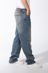 Men's Mid-Wash Cotton Classic Five-Pocket Secure Zip Fly Wide-Leg Versatile Jeans Pants