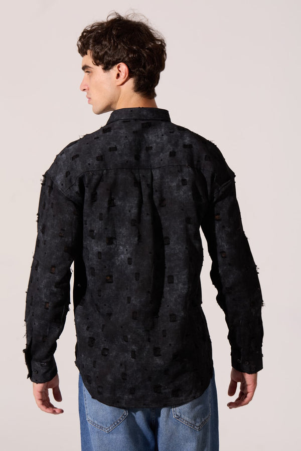 Men's Tomato Store Distressed Washed Woven Shirt Raw Texture Effect Dual Chest Pockets