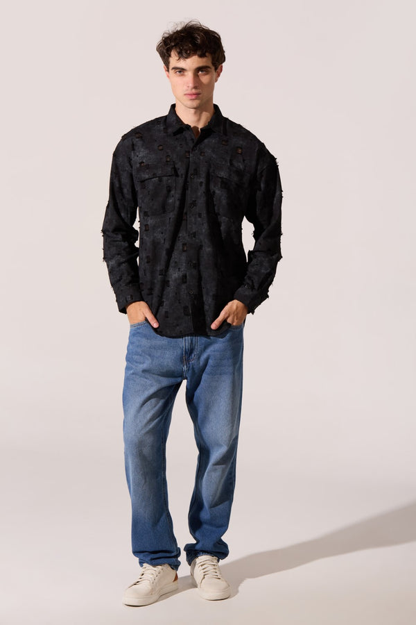 Men's Tomato Store Distressed Washed Woven Shirt Raw Texture Effect Dual Chest Pockets
