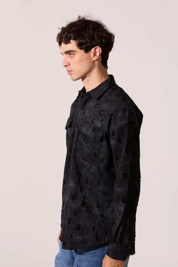 Men's Tomato Store Distressed Washed Woven Shirt Raw Texture Effect Dual Chest Pockets