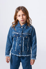 Girl's Two-Piece Denim Set With Unique Frayed White Trim Unfinish Look Classic Neck Button-Down Slim Fit Modern Outfit
