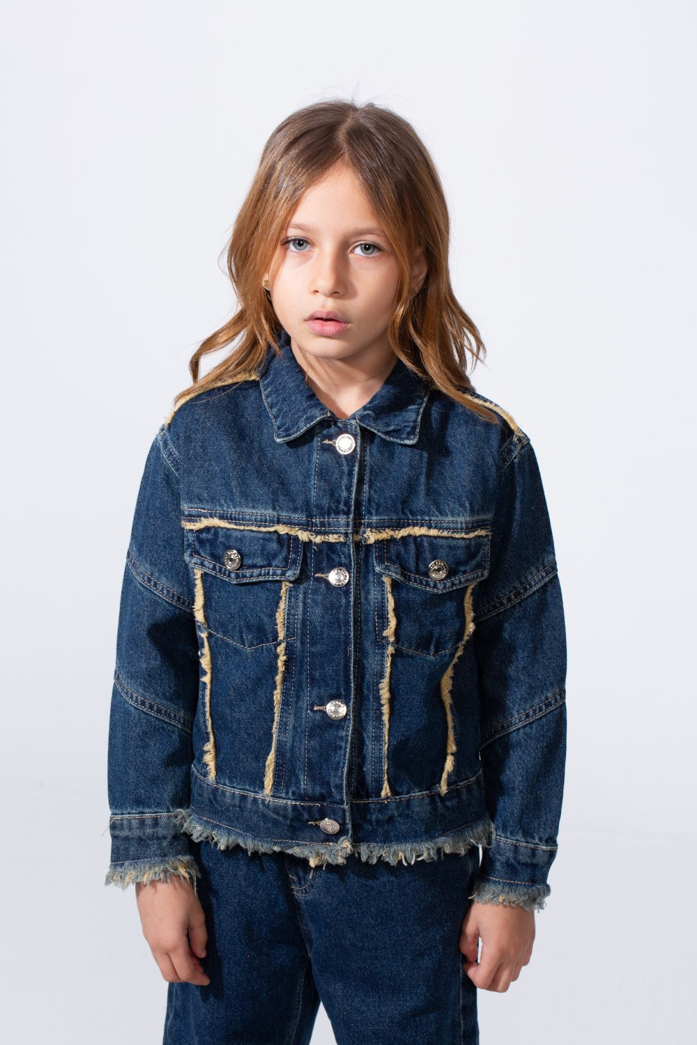 Girl's Two-Piece Denim Set With Unique Frayed White Trim Unfinish Look Classic Neck Button-Down Slim Fit Modern Outfit