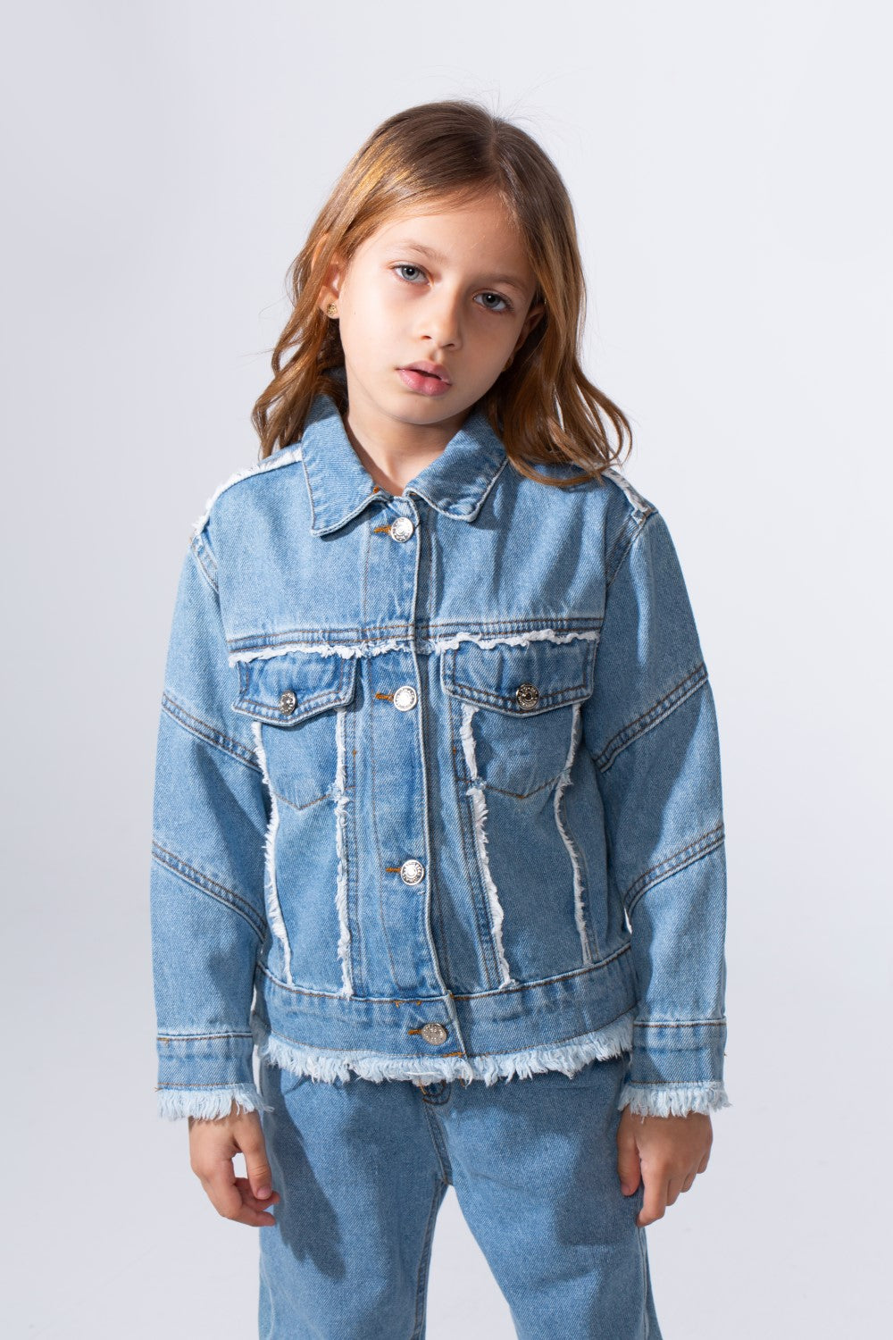 Girl's Two-Piece Denim Set With Unique Frayed White Trim Unfinish Look Classic Neck Button-Down Slim Fit Modern Outfit