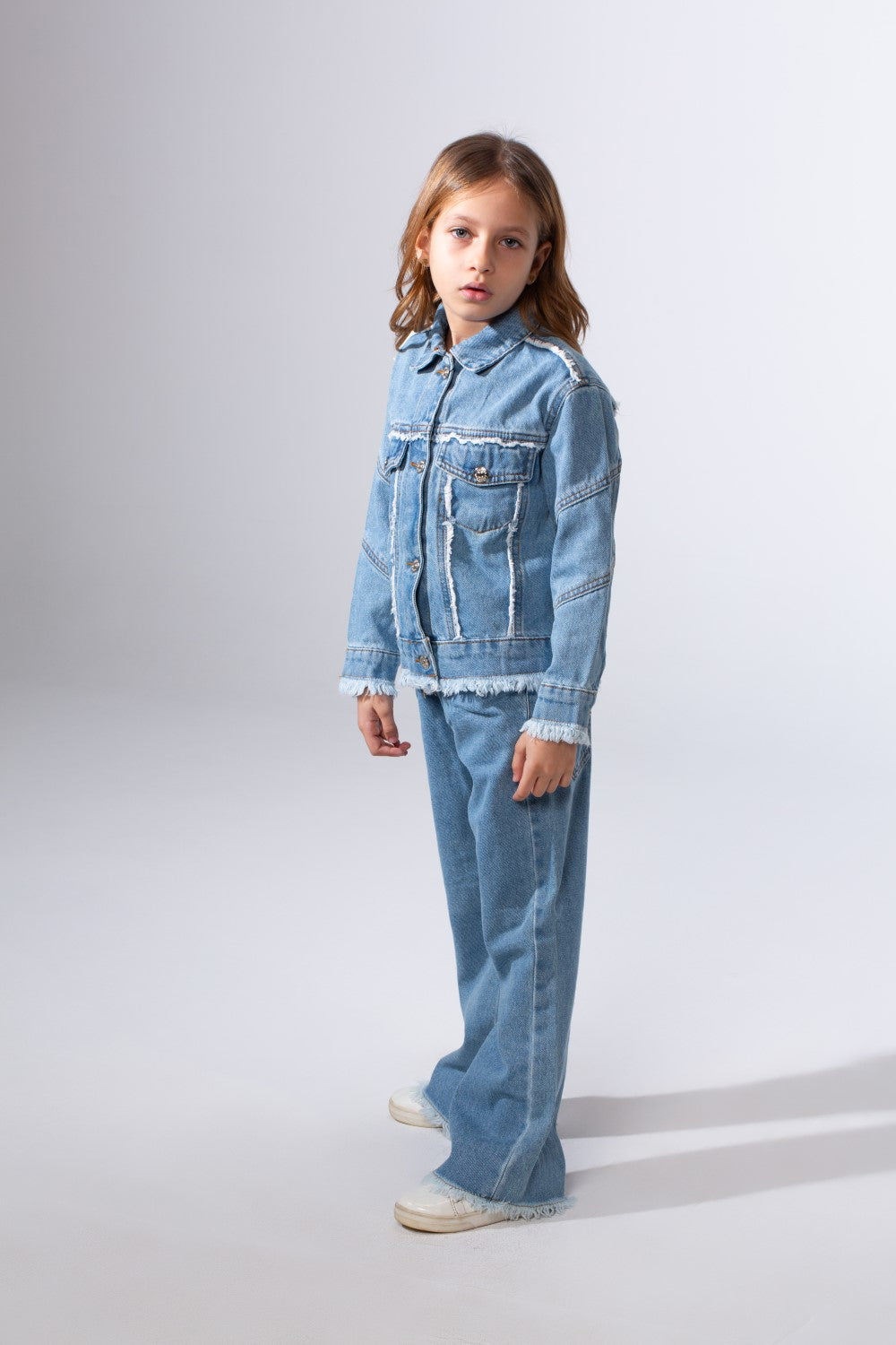 Girl's Two-Piece Denim Set With Unique Frayed White Trim Unfinish Look Classic Neck Button-Down Slim Fit Modern Outfit