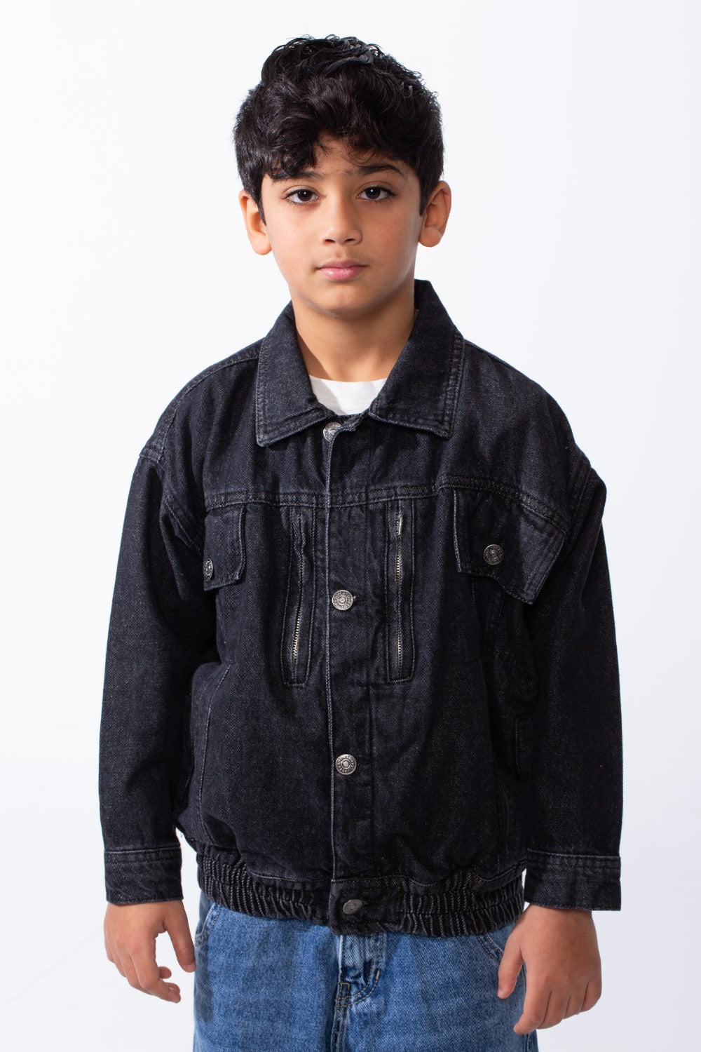 Boy’s Classic Button-Up Jeans Denim Boxy Fit Jacket With Front Flap Pockets And Metal Buttons Elastic Hem