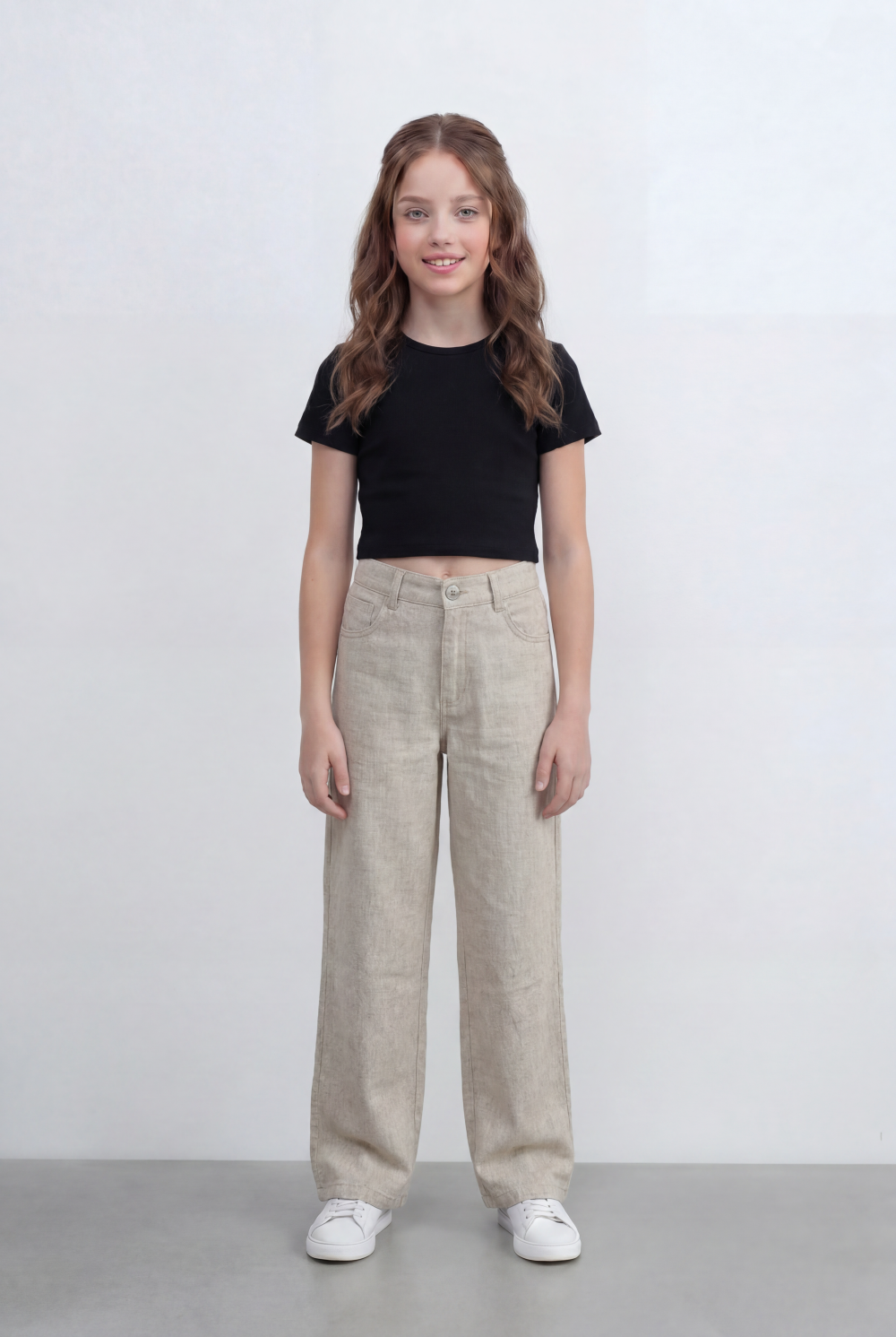 Girl’s Tomato Store Linen Straight Pants Natural Texture High Rise Waist