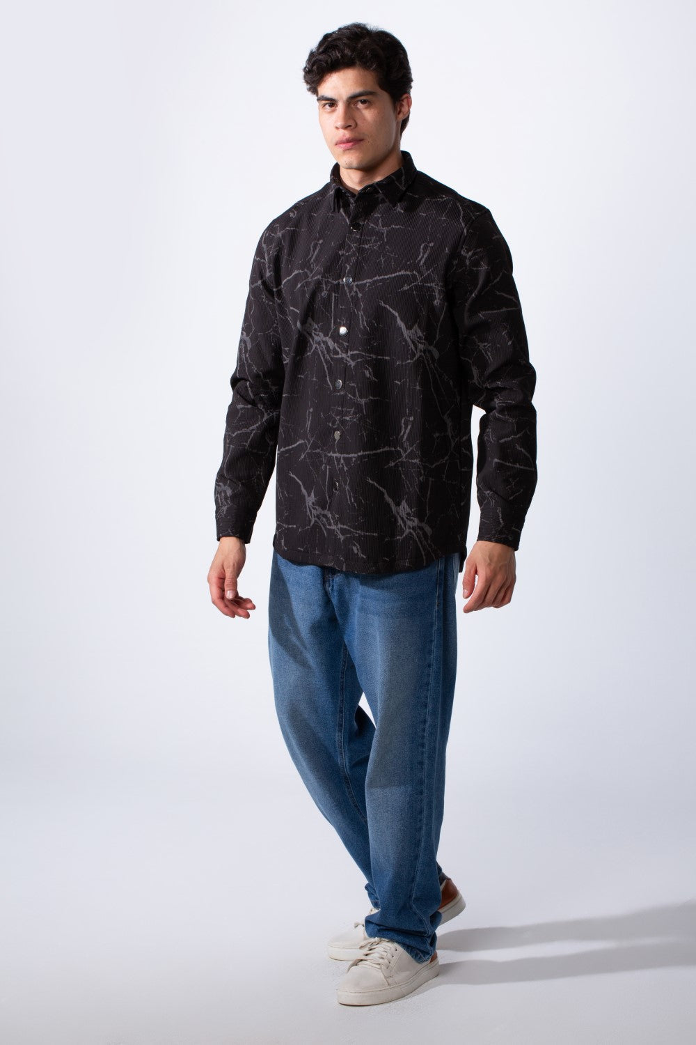 Men's Long Sleeve Classic Neck Jakar Unique Marble Pattern Regular Fit Textured Casual Shirt