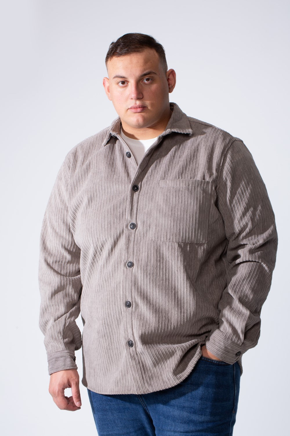 Men's Classic Neck Long Sleeve Button Down With Vertical Ribbed Textured Velvet Fabric Practical Chest Pocket Modern Big Size Shirt