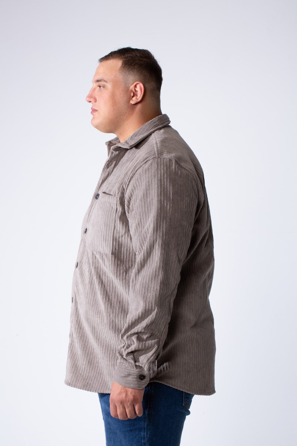 Men's Classic Neck Long Sleeve Button Down With Vertical Ribbed Textured Velvet Fabric Practical Chest Pocket Modern Big Size Shirt