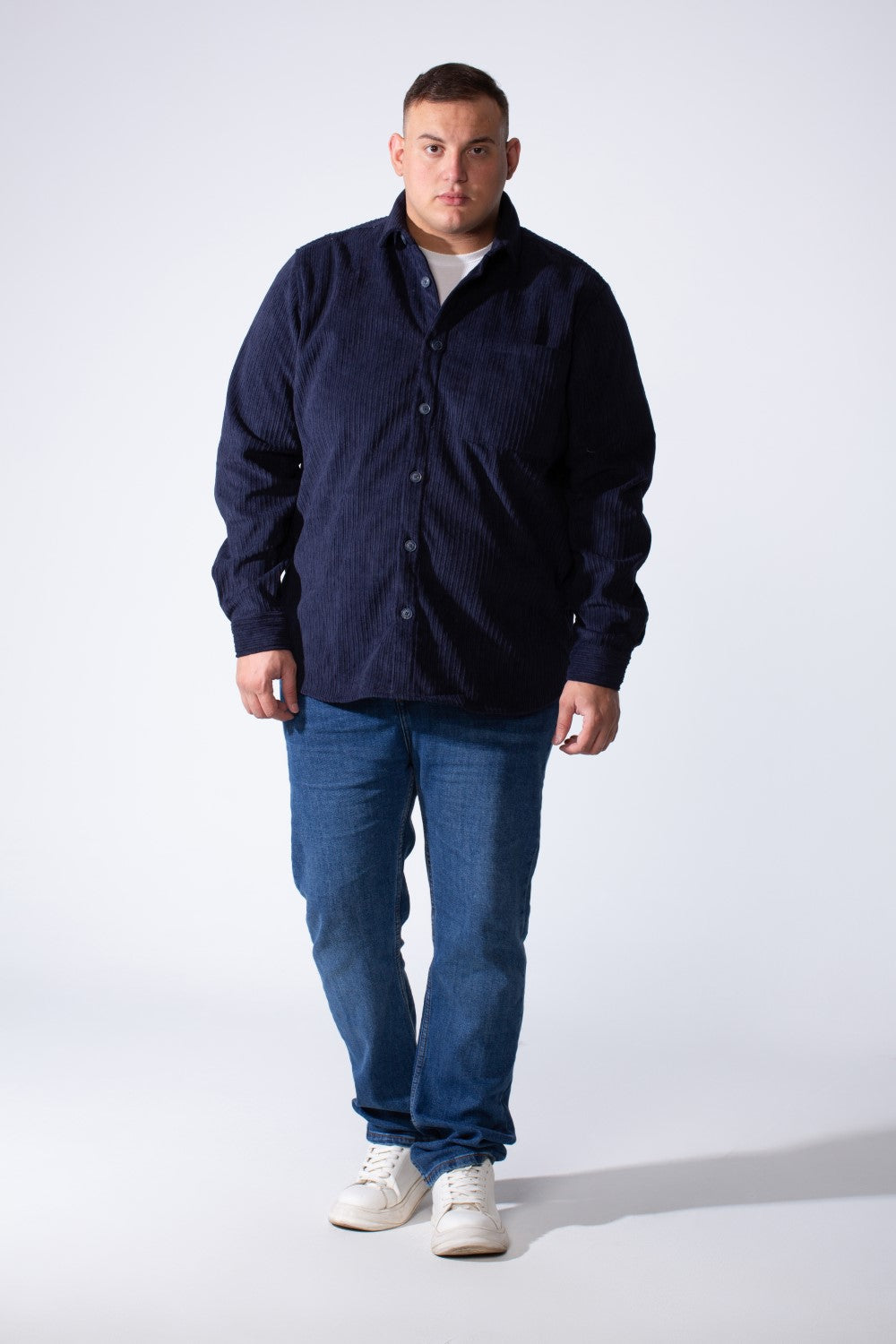 Men's Classic Neck Long Sleeve Button Down With Vertical Ribbed Textured Velvet Fabric Practical Chest Pocket Modern Big Size Shirt