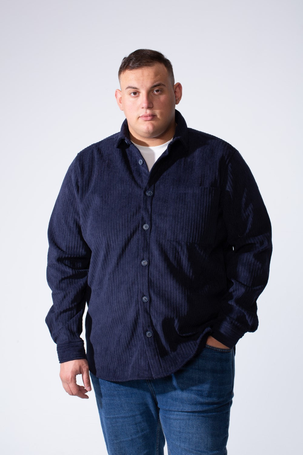 Men's Classic Neck Long Sleeve Button Down With Vertical Ribbed Textured Velvet Fabric Practical Chest Pocket Modern Big Size Shirt