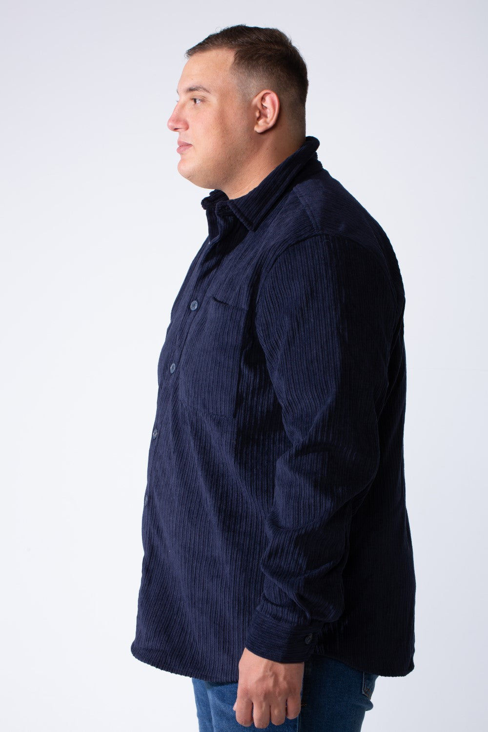 Men's Classic Neck Long Sleeve Button Down With Vertical Ribbed Textured Velvet Fabric Practical Chest Pocket Modern Big Size Shirt