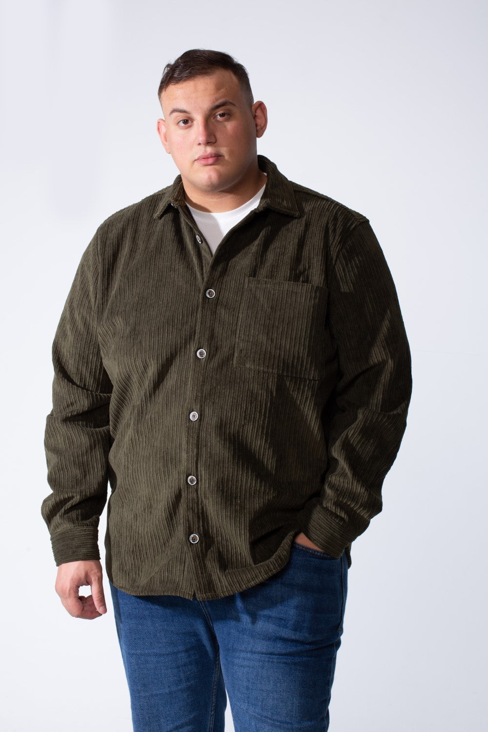 Men's Classic Neck Long Sleeve Button Down With Vertical Ribbed Textured Velvet Fabric Practical Chest Pocket Modern Big Size Shirt