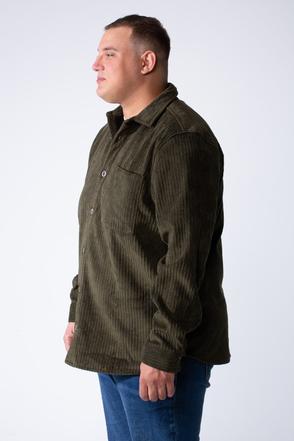 Men's Classic Neck Long Sleeve Button Down With Vertical Ribbed Textured Velvet Fabric Practical Chest Pocket Modern Big Size Shirt